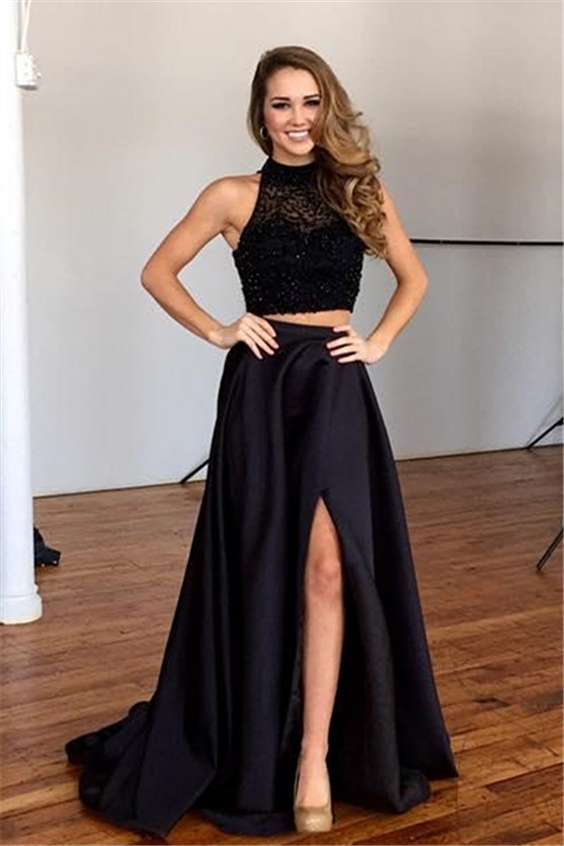 Two Piece Prom Dresses,Black Prom Dresses,Split Prom Dresses,a Line